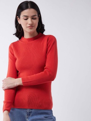 Knitco Solid Round Neck Casual Women Red Sweater