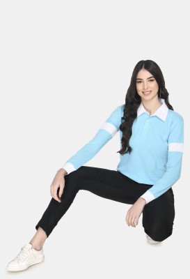 Viral Trend Colorblock Women Polo Neck Light Blue T-Shirt