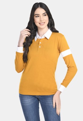 Viral Trend Colorblock Women Polo Neck Yellow T-Shirt