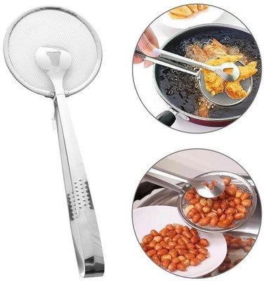 ZURU BUNCH 2 in 1 Kitchen Stainless Steel Colander Spoon with Clip Oil Filter Grid Scoop Collapsible Deep Frying Basket(Silver Pack of 1)