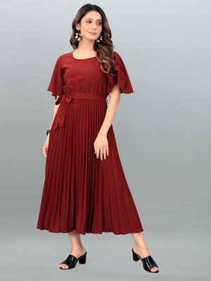 Deklook Women Pleated Maroon Midi/Calf Length Dress