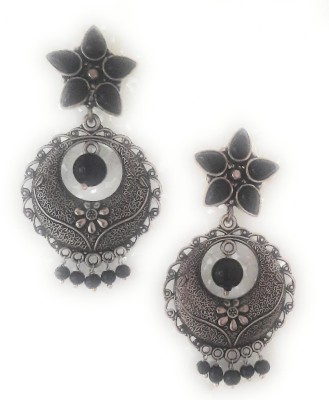 Preet Art Jewellery Antique German Silver Plated Oxidised Black Beads Long Earrings Beads, Crystal German Silver, Crystal Drops & Danglers