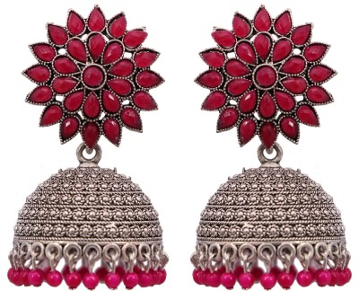 CRUNCHY FASHION Oxidised Sliver Royal Pink Floral Earrings Alloy Drops & Danglers
