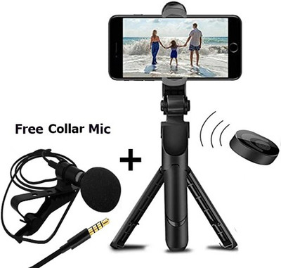 PULTO Buetooth Stand Selfie Stick Tripod With BT Remote + Lapel Collar Microphone Single Gimbal For Rs. 346 @ 73 %