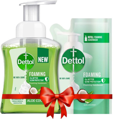 Dettol Foaming Handwash Pump + Refill Combo, Aloe Coconut (250ml + 200ml) Hand Wash Bottle + Refill