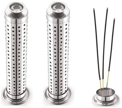 NATULIX Agarbatti Stand with Ash Catcher for Home, Office & Temple (2 Stands) Stainless Steel Incense Holder Set(Silver)