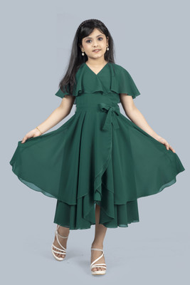Mirrow Trade Girls Calf Length Party Dress(Dark Green, Short Sleeve)