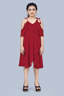 Mirrow Trade Girls Midi/Knee Length Casual Dress(Red, Half Sleeve)