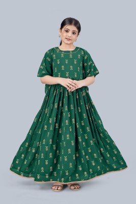 Mirrow Trade Girls Maxi/Full Length Festive/Wedding Dress(Dark Green, Half Sleeve)