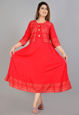 gurjar Women Printed Flared Kurta(Red)