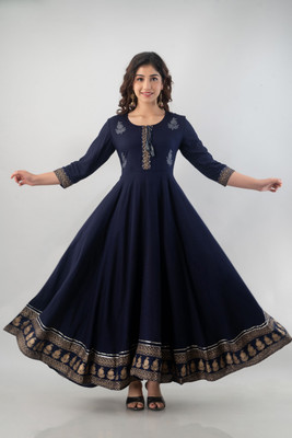 KHYATI KURTIES Women Printed Flared Kurta(Blue)