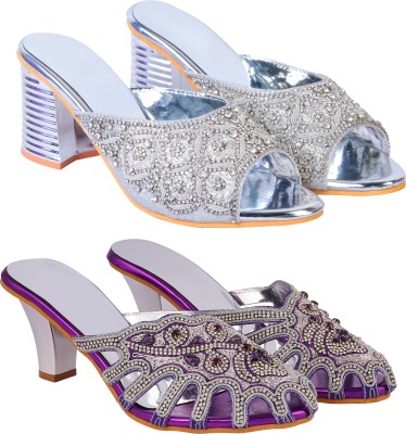 Zionk Women Heels(Silver, Purple , 11)