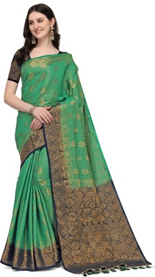 COSBILA FASHION Woven Banarasi Cotton Silk Saree(Green, Blue)