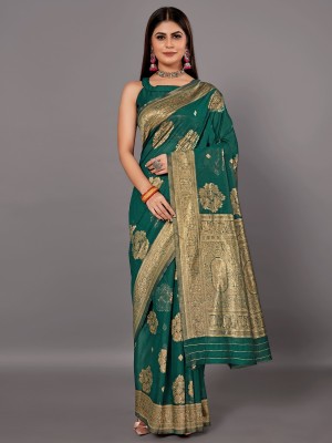 Ratnavati Woven Banarasi Linen Saree(Dark Green)