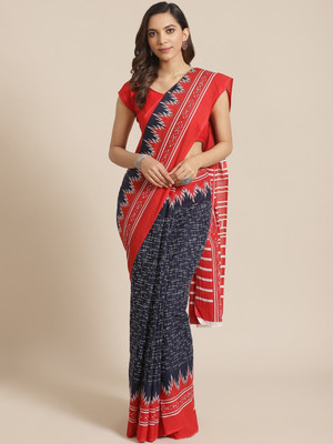 NIKHILAM Printed Daily Wear Pure Cotton Saree(Red, Blue)