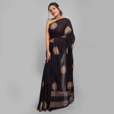 Uddup Silk Blocked Printed Daily Wear Pure Cotton Saree(Black)