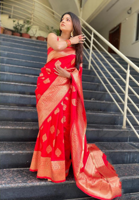 SHWENILA Woven Kanjivaram Pure Silk Saree(Red)