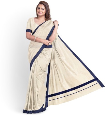 Chithra Fabrics Solid/Plain Kasavu Pure Cotton Saree(Blue, Cream)