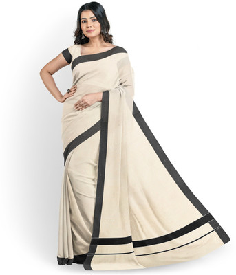 Vairavaa Tex Woven, Solid/Plain Kasavu Pure Cotton Saree(Black, Cream)