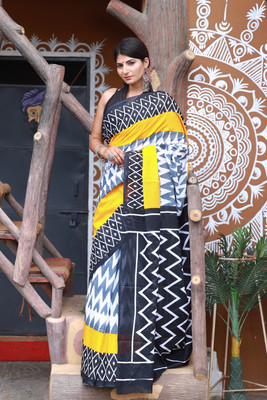 DASTKARPRINT Printed, Color Block, Blocked Printed, Floral Print, Dyed Daily Wear Pure Cotton Saree(Yellow)