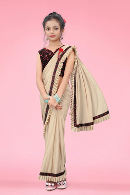 JJ FASHION Embellished, Solid/Plain Bollywood Lycra Blend Saree(Beige)