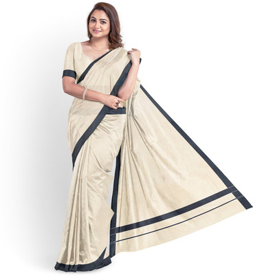 Chithra Fabrics Solid/Plain Kasavu Pure Cotton Saree(Grey, Cream)