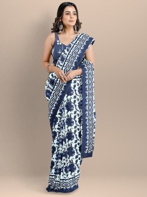 NIKHILAM Printed Ikkat Pure Cotton Saree(Blue, White)