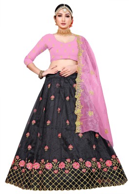 PATTARI Embroidered Semi Stitched Lehenga Choli(Black, Pink)