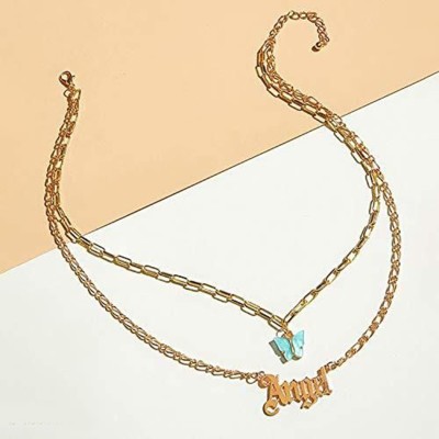 Vembley Vembley Charming Gold Plated Double Layered turquoise Blue Butterfly and Angel Word Necklace for Women and Girls Gold-plated Plated Alloy Layered