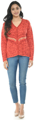 manra Woven V Neck Casual Women Orange Sweater