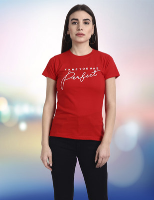 Fabflee Typography Women Round Neck Red T-Shirt