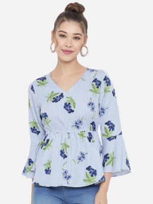 SLENOR Casual Floral Print Women Light Blue Top