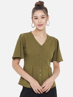 SLENOR Casual Solid Women Light Green Top