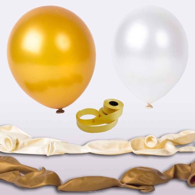 Shopperskart Solid Metallic Balloon With Curling Ribbon For Party Celebration Balloon(White, Gold, Pack of 51)