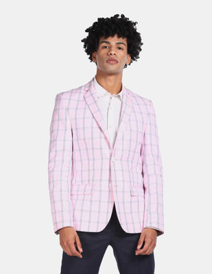 U.S. POLO ASSN. Checkered Single Breasted Casual Men Blazer(Pink)