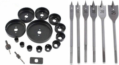 Inditrust 16pcs Hole saw set and 6pc Flat wood bit set (Pack of 2) Pieces
