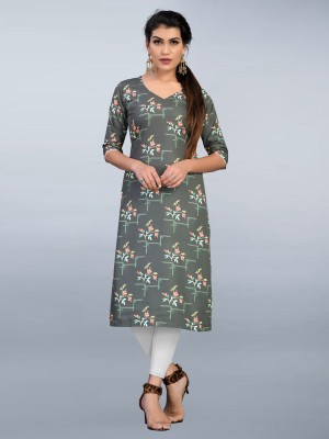 tanvi creation Women Printed Straight Kurta(Grey)