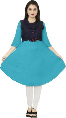 Oxipital Club Women Solid Flared Kurta(Blue)
