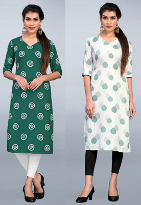 Hiral Creation Women Printed Straight Kurta(Dark Green, White)