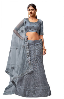 manvaa Embroidered Semi Stitched Lehenga Choli(Grey)