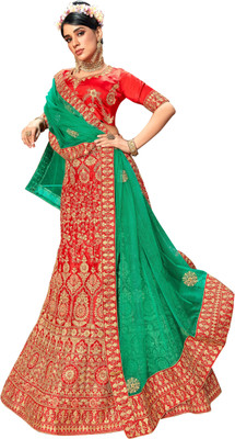 manvaa Embroidered Semi Stitched Lehenga Choli(Red)