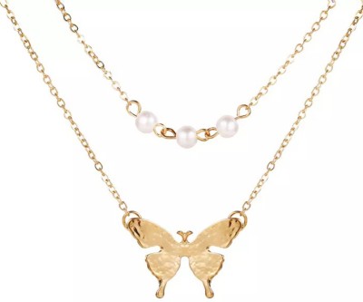 Vembley Lovely Gold Plated Double Layered Pearls and Butterfly Pendant Necklace Gold-plated Plated Alloy Necklace