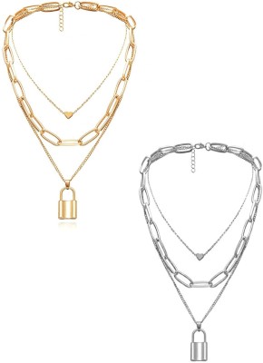Oomph Combo of 2 Gold & Silver Link Chain Heart & Lock Multi Layer Beads Gold-plated Plated Metal, Alloy Layered