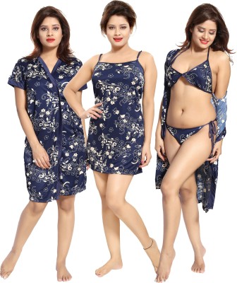 SHOPPING STATION Women Nighty with Robe(Multicolor, Dark Blue)