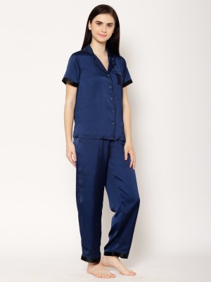 House Of Kkarma Women Solid Blue Shirt & Pyjama set