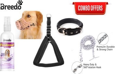 Breedo Black Padded Combo For Your Dog Comfort(Harness+Collar+Muzzle+Chain) Dog Harness & Chain(Small, Black)