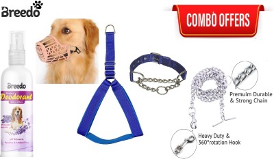 Breedo Blue Padded Combo For Your Dog Comfort(Harness+Choke Collar+Muzzle+Chain) Dog Harness & Chain(Extra Large, Blue)