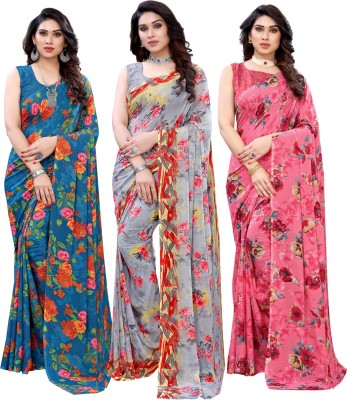 Samah Printed, Floral Print Daily Wear Georgette Saree(Pack of 3, Blue, Pink, Grey)