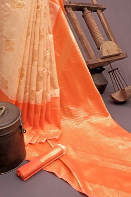 SHOPDROP Woven Kanjivaram Pure Silk Saree(Orange)