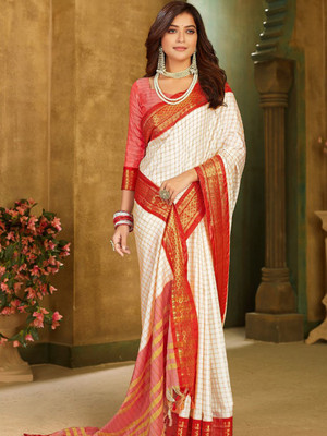 VILLAGIUS Checkered Bollywood Cotton Silk Saree(Red, White)